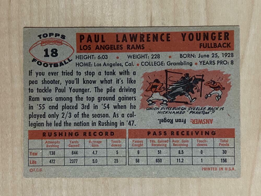 1956 TOPPS PAUL YOUNGER LOS ANGELES RAMS #18 EX-MT