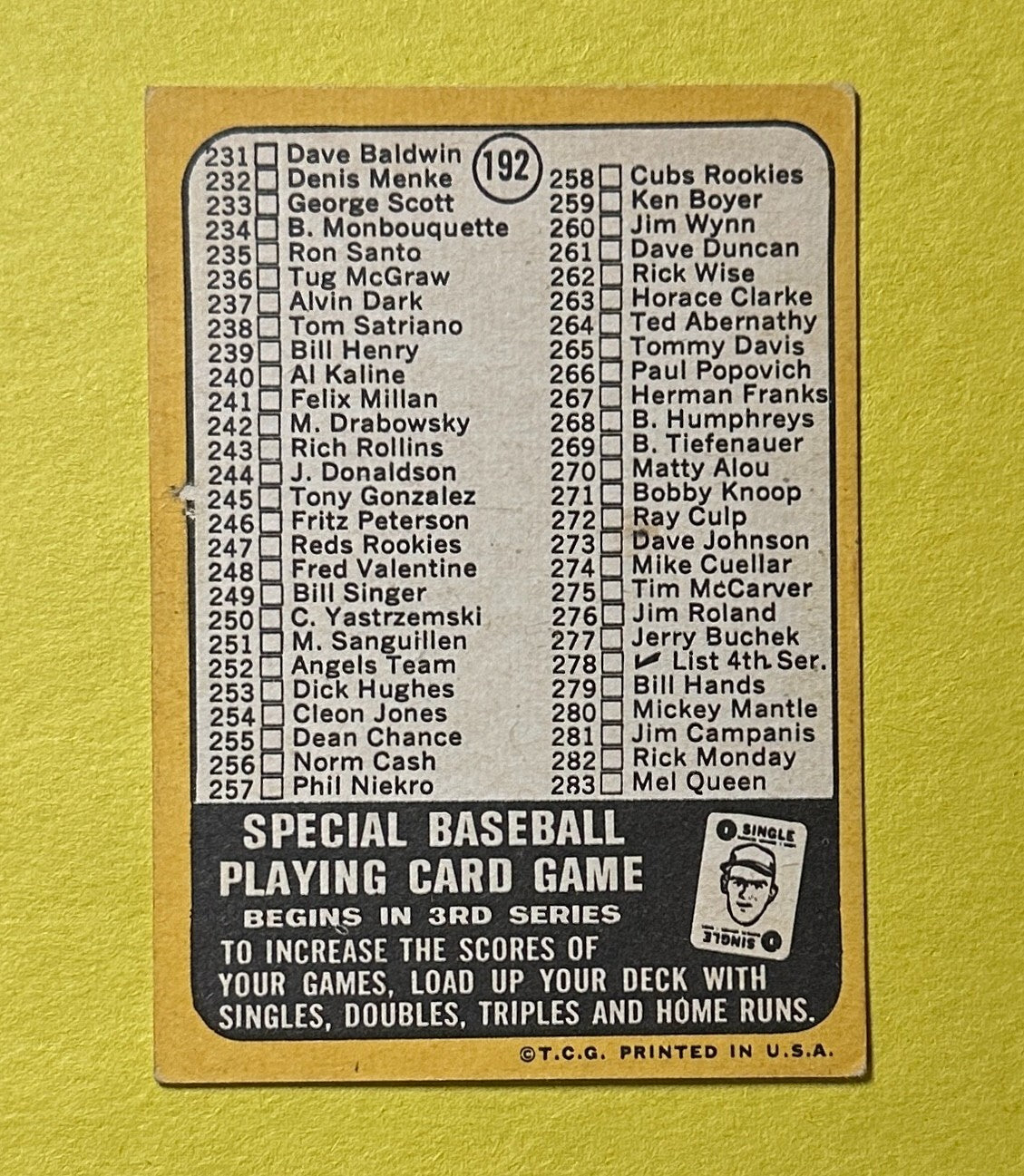 1968 TOPPS CHECKLIST 3RD SERIES #192
