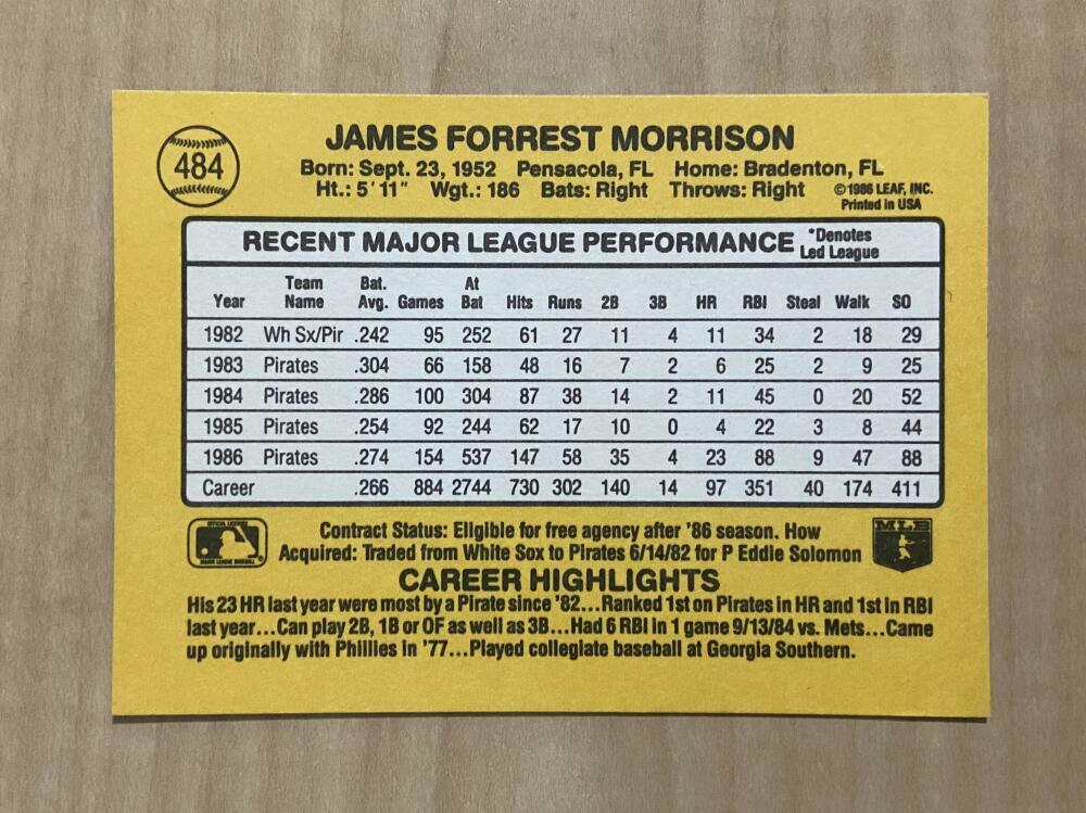 JIM MORRISON PITTSBURGH PIRATES SIGNED AUTOGRAPHED 1987 DONRUSS CARD #484 W/COA