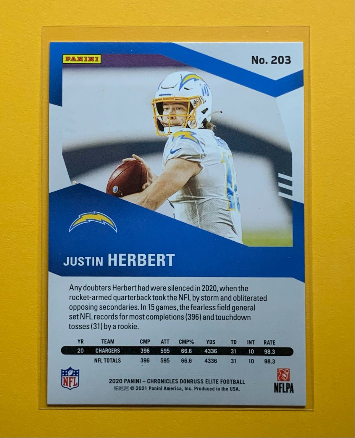 2020 PANINI CHRONICLES DONRUSS ELITE JUSTIN HERBERT BASE SILVER /899 #203 