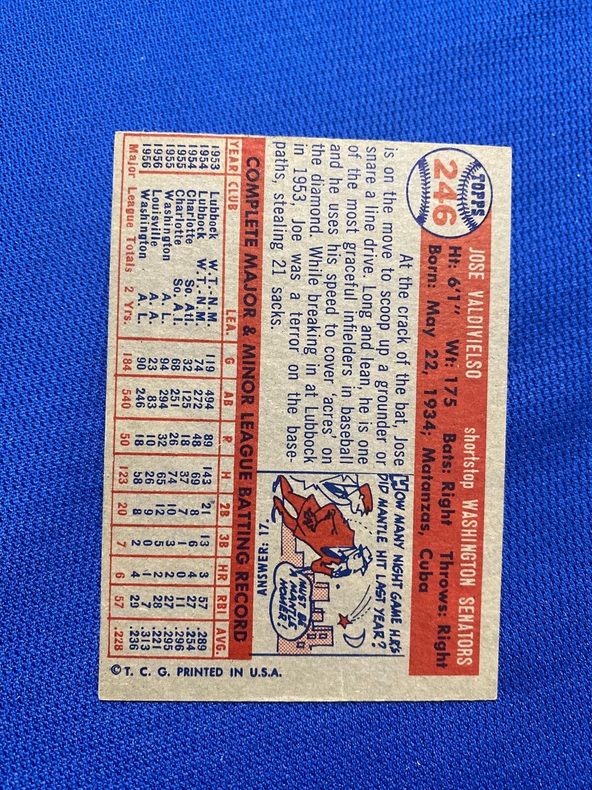 1957 TOPPS JOSE VALDIVIELSO WASHINGTON SENATORS #246 CARD VINTAGE SET-BREAK