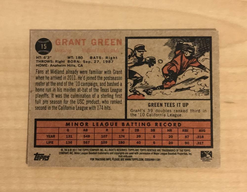GRANT GREEN MIDLAND ROCKHOUNDS SIGNED 2011 TOPPS HERITAGE MINORS CARD #15 W/COA