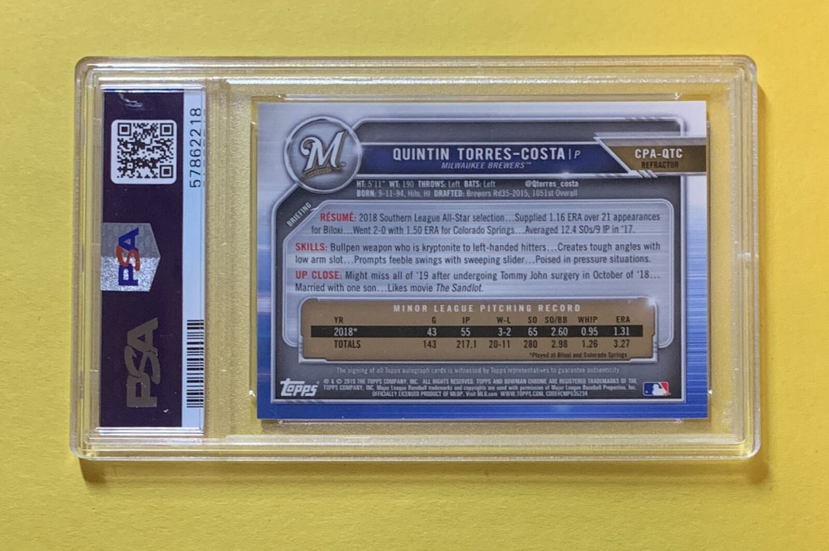 2020 BOWMAN CHROME QUINTIN TORRES-COSTA REFRACTOR AUTO /499 #CPAQTC PSA MINT 9