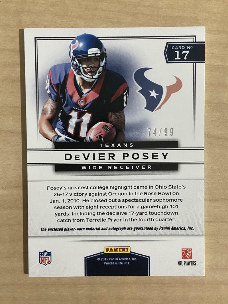 DEVIER POSEY HOUSTON TEXANS SIGNED AUTOGRAPHED 2012 PRESTIGE CARD #17 W/COA