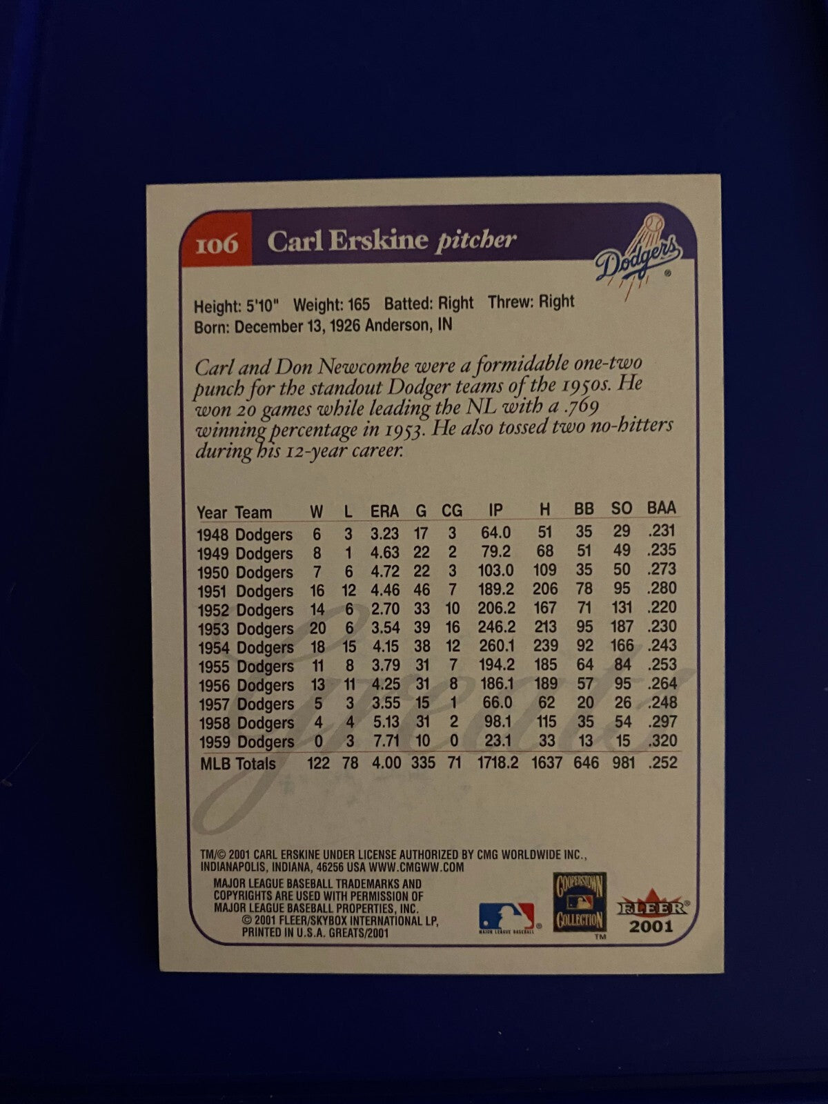 2001 FLEER GREATS OF THE GAME CARL ERSKINE BROOKLYN DODGERS SIGNED CARD #106 COA