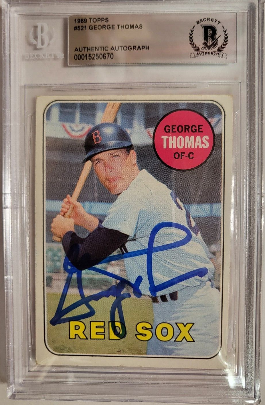 1969 TOPPS GEORGE THOMAS RED SOX #521 AUTO SIGNED CARD BECKETT AUTHENTIC