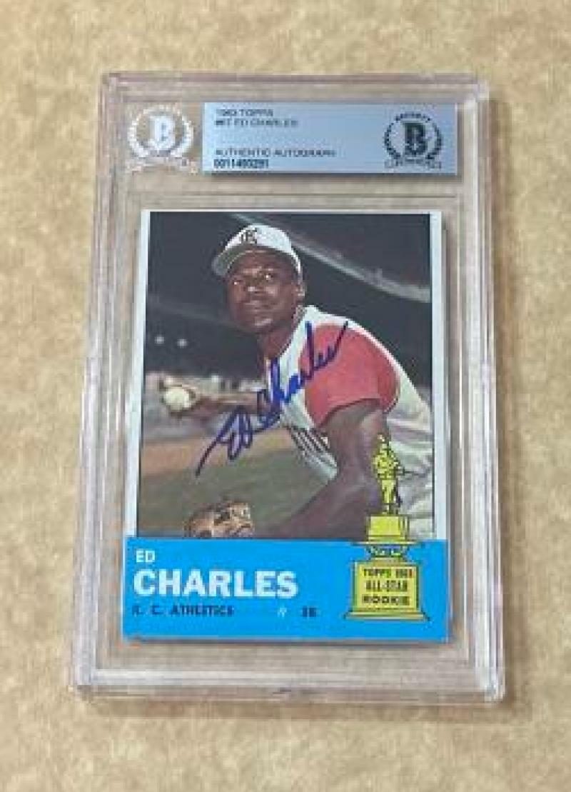 1963 TOPPS ED CHARLES #67 A'S SIGNED CARD BECKETT AUTHENTIC AUTO VINTAGE