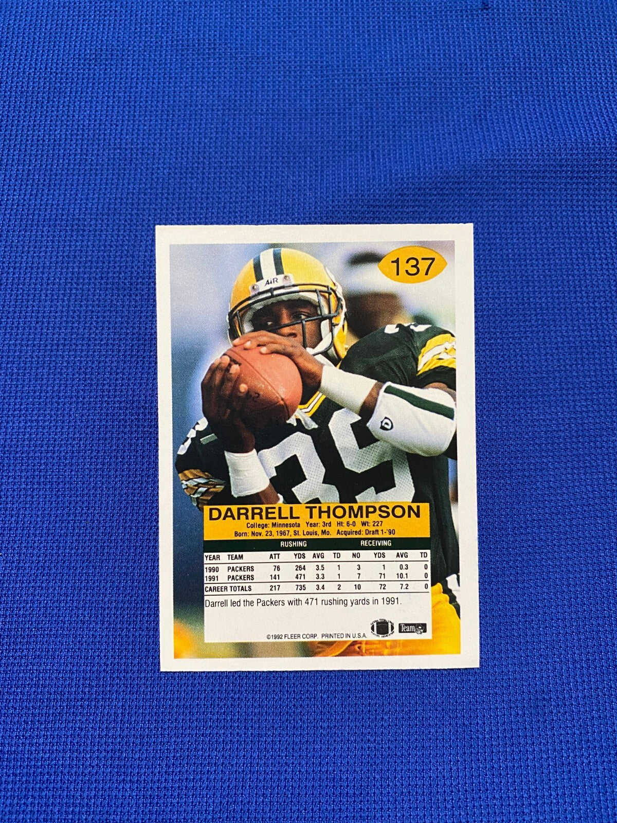1992 FLEER DARRELL THOMPSON GB PACKERS SIGNED AUTOGRAPHED CARD #137 W/COA