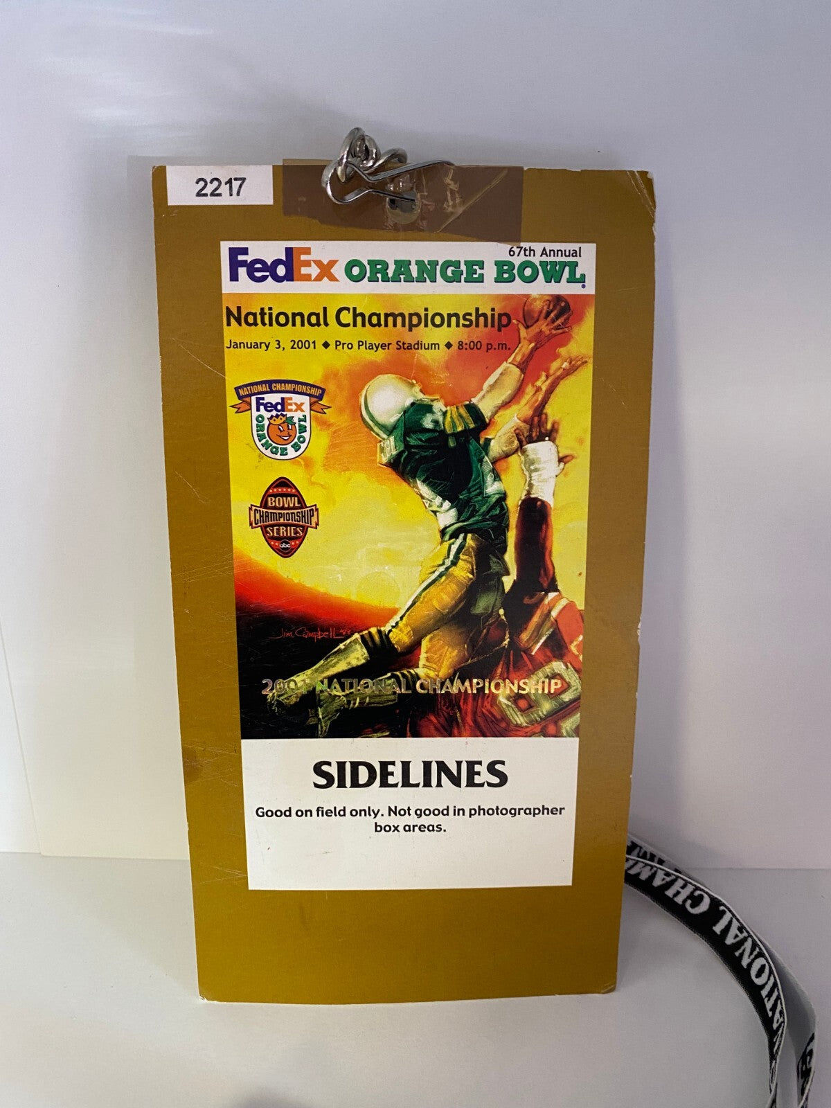 2001 FED EX ORANGE BOWL STADIUM OPERATIONS TICKET WITH LANYARD RARE
