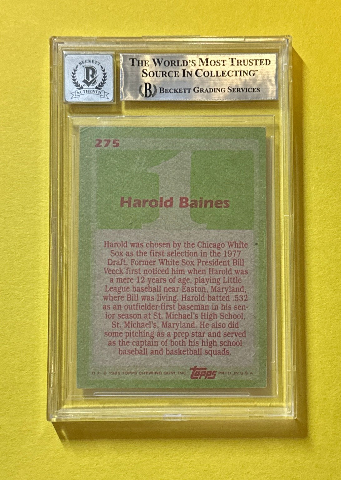 1985 TOPPS HAROLD BAINES #275 SIGNED AUTOGRAPHED CARD BECKETT AUTH 10 DRAFT PICK