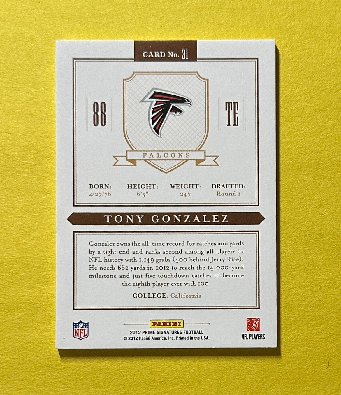 2012 PANINI PRIME SIGNATURES TONY GONZALEZ BASE /499 #31 FALCONS