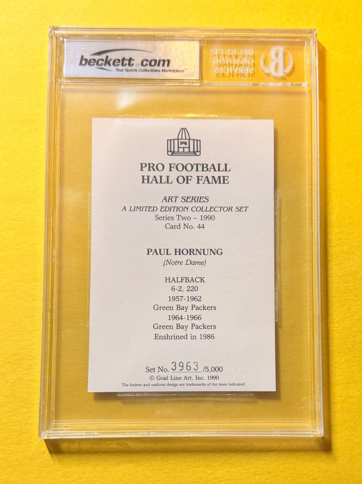 1989 GOAL LINE HOF PAUL HORNUNG #44 SIGNED ART BECKETT AUTHENTIC 10 "HOF 86"