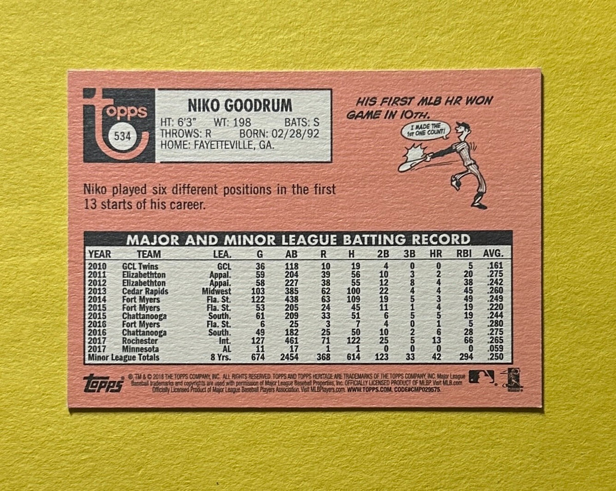 2018 TOPPS HERITAGE NIKO GOODRUM SIGNED AUTOGRAPH CARD W/ COA #534 TIGERS RC