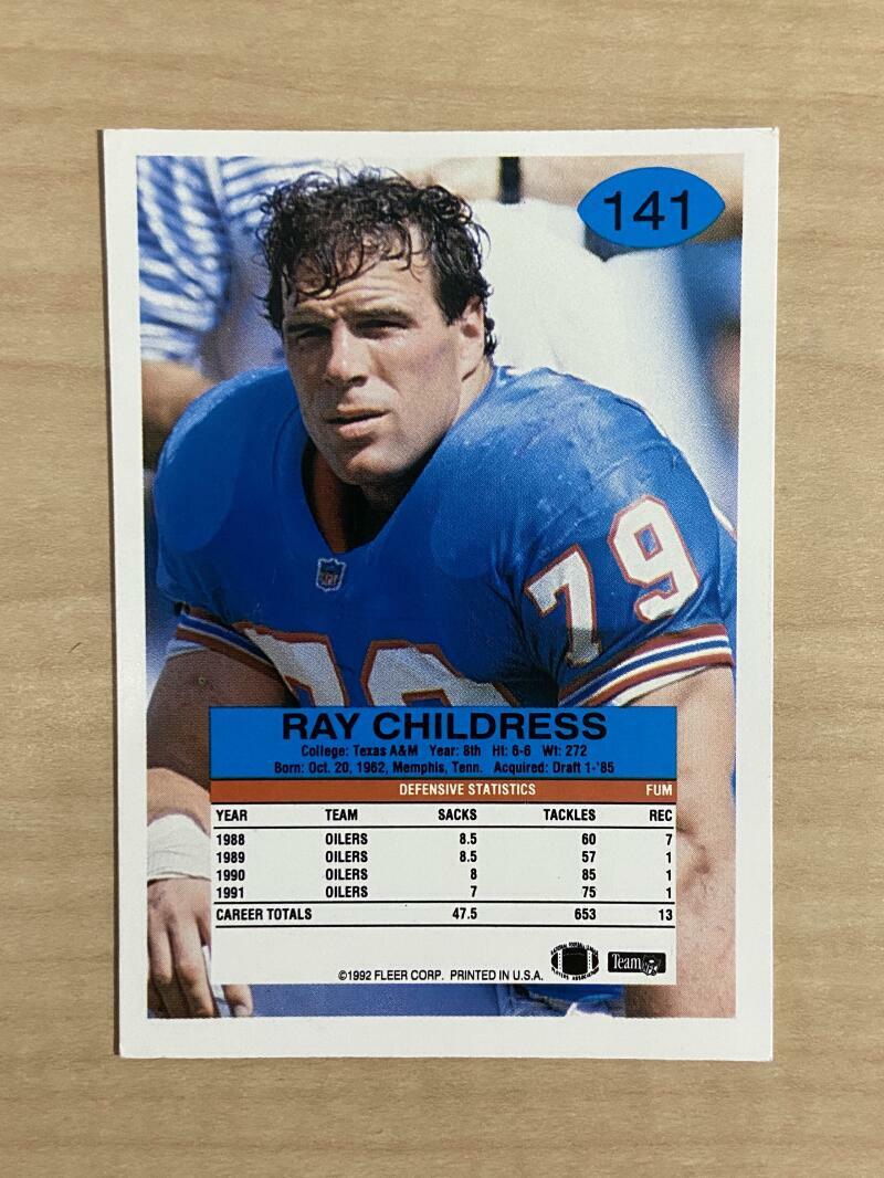 RAY CHILDRESS HOUSTON OILERS SIGNED AUTOGRAPHED 1992 FLEER CARD #141 W/COA