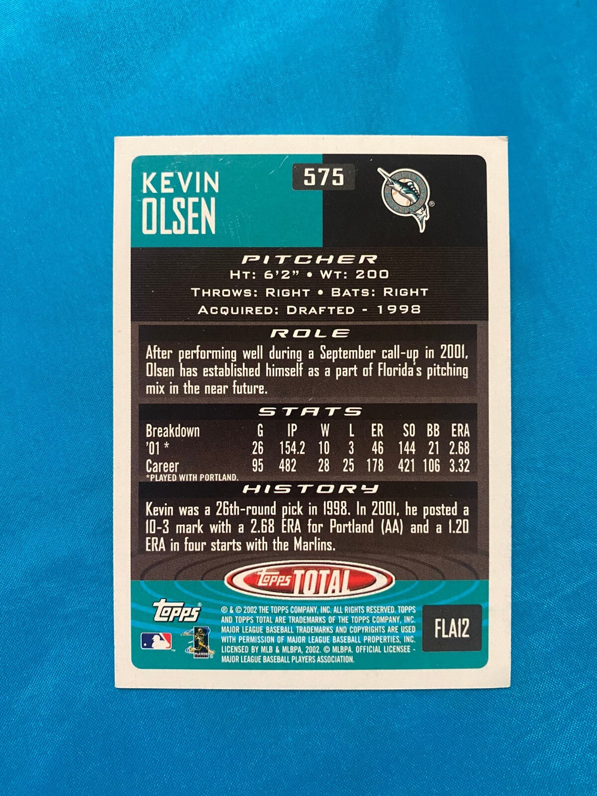 2002 TOPPS TOTAL KEVIN OLSEN FLORIDA MARLINS SIGNED AUTOGRAPHED CARD #575 W/COA