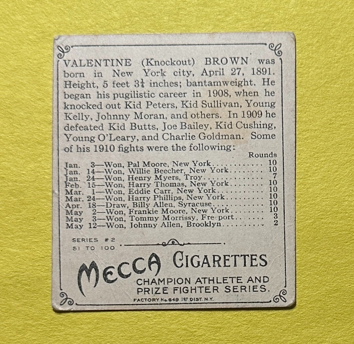 1910 T-218 CHAMPIONS FIGHTING VALENTINE (KNOCK-OUT) BROWN BOXING CARD