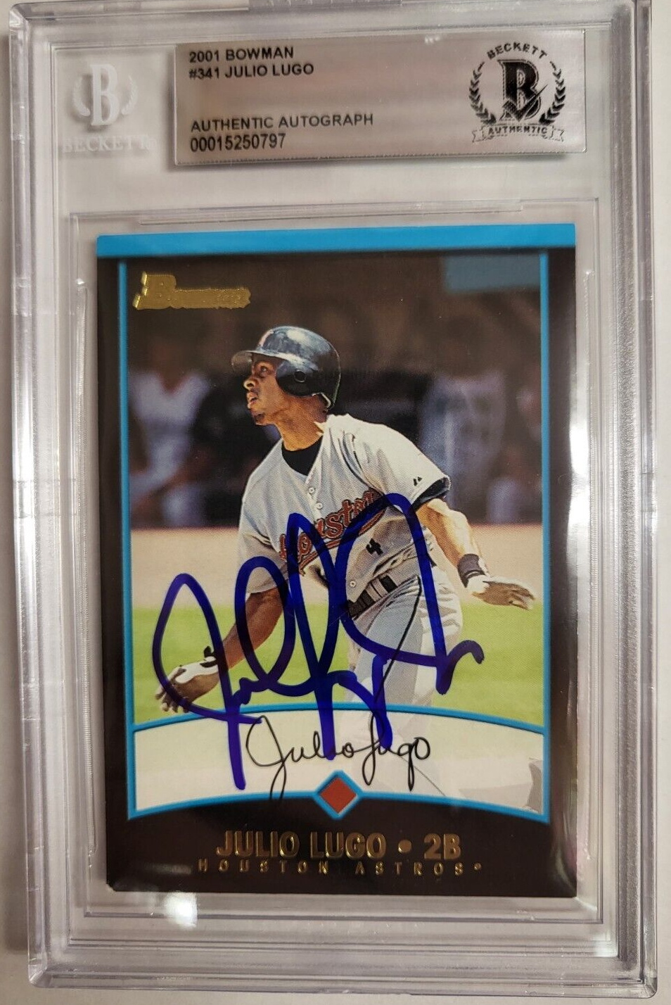 2001 BOWMAN JULIO LUGO #341 ASTROS AUTO SIGNED CARD BECKETT AUTHENTIC