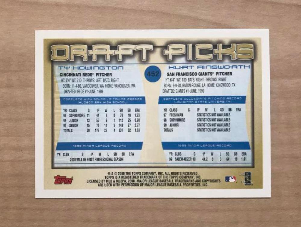 KURT AINSWORTH SAN FRANCISCO GIANTS SIGNED AUTOGRAPHED 2000 TOPPS CARD#452 W/COA