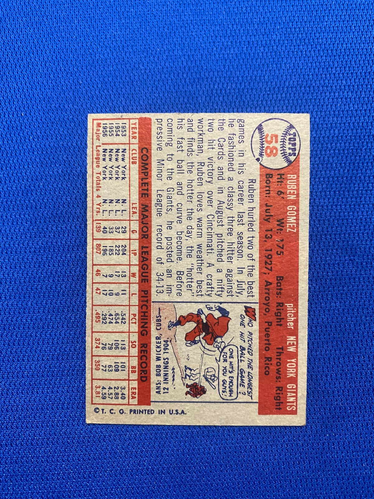 1957 TOPPS RUBEN GOMEZ NEW YORK GIANTS #58 CARD VINTAGE SET-BREAK