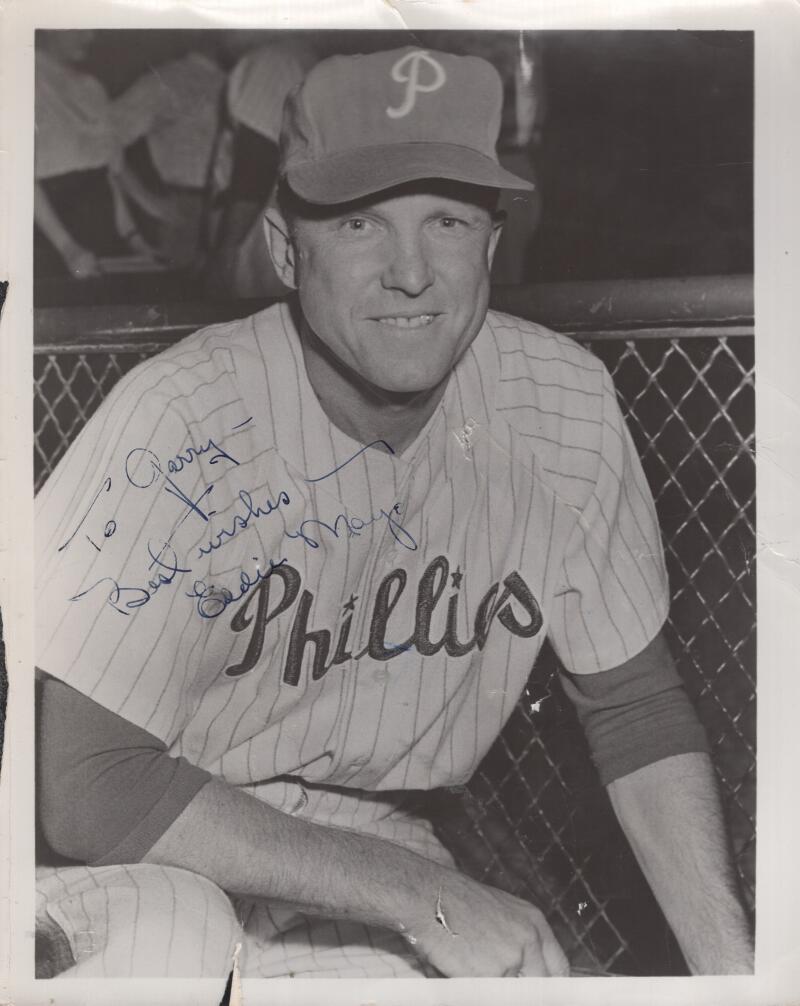 EDDIE MAYO PHILLIES RIPPED ON SIDE BOTTOM SIGNED 8X10 PHOTO W/ COA