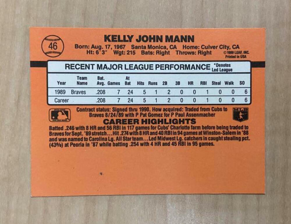 KELLY MANN ATLANTA BRAVES SIGNED AUTOGRAPHED 1990 DONRUSS CARD #46 W/COA