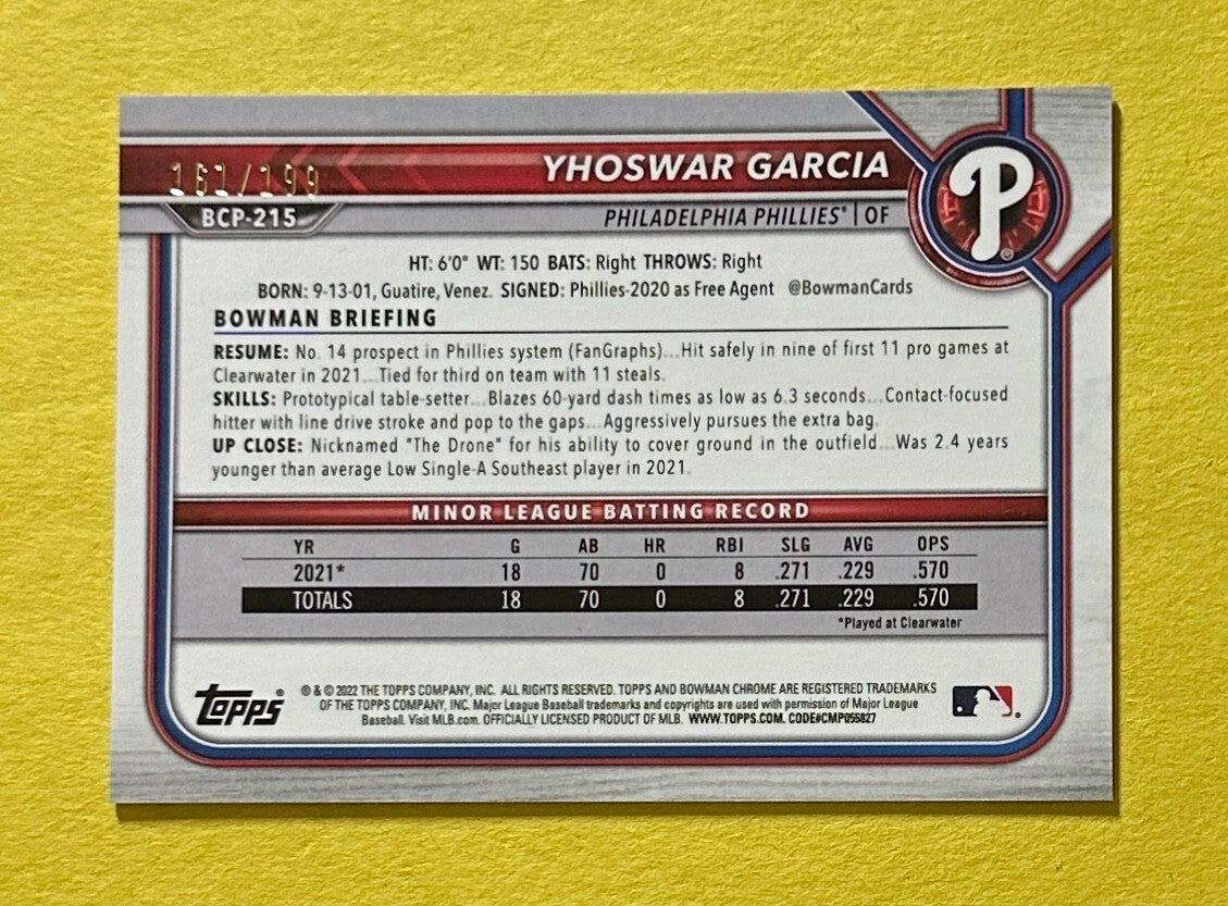 2022 BOWMAN CHROME YHOSWAR GARCIA PINK SHIMMER /199 #BCP-215 PHILLIES