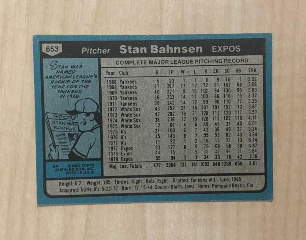 STAN BAHNSEN MONTREAL EXPOS SIGNED AUTOGRAPHED 1980 TOPPS CARD #653 W/COA