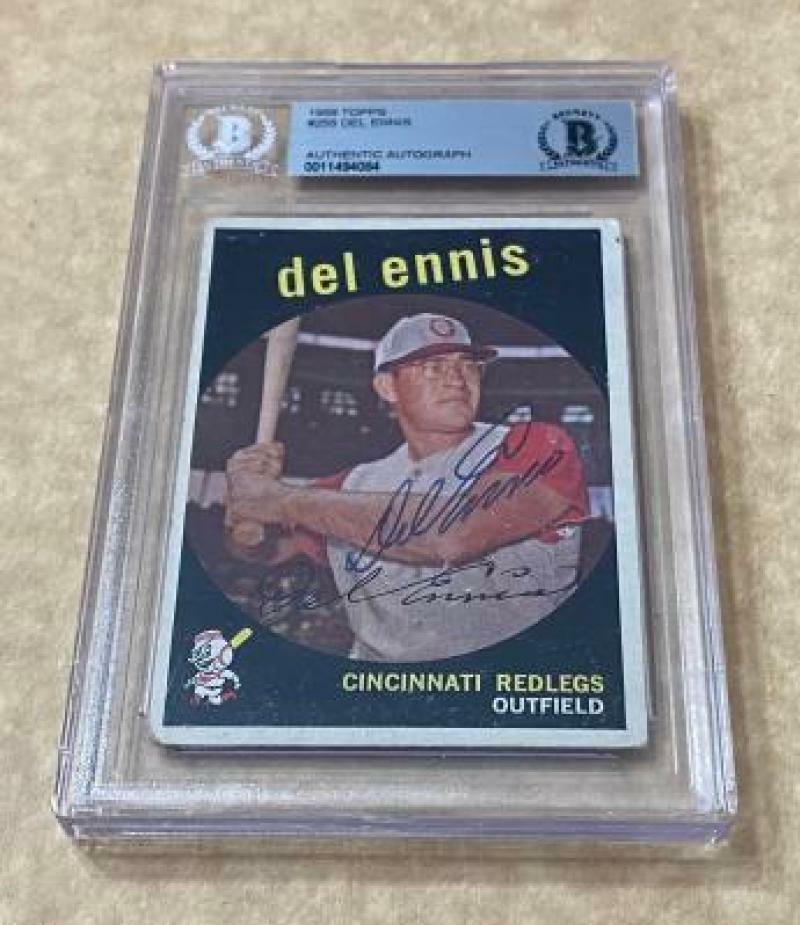 1959 TOPPS DEL ENNIS #255 REDS SIGNED CARD BECKETT AUTHENTIC AUTO VINTAGE