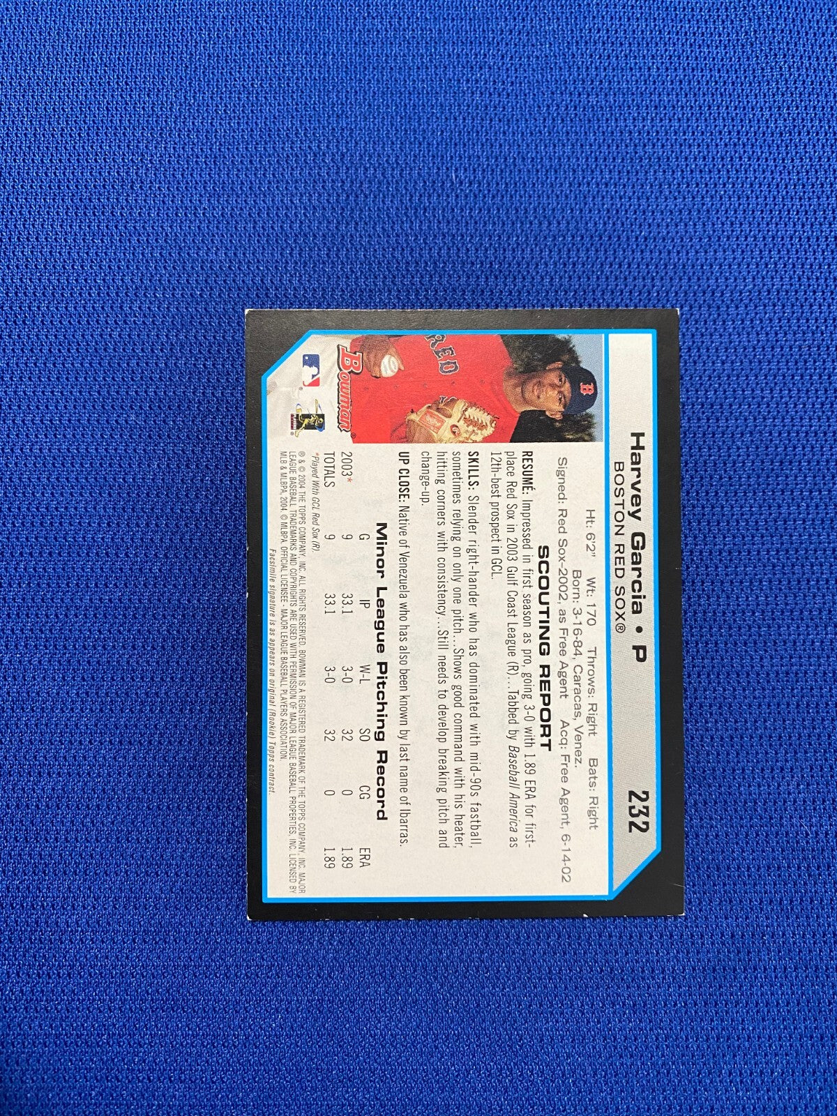 2004 BOWMAN HARVEY GARCIA BOSTON RED SOX SIGNED AUTO AUTOGRAPH CARD #232 W/COA