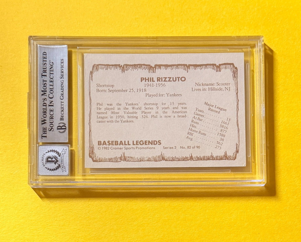 1980-83 PACIFIC LEGENDS PHIL RIZZUTO #82 SIGNED AUTO CARD BECKETT 10 AUTHENTIC