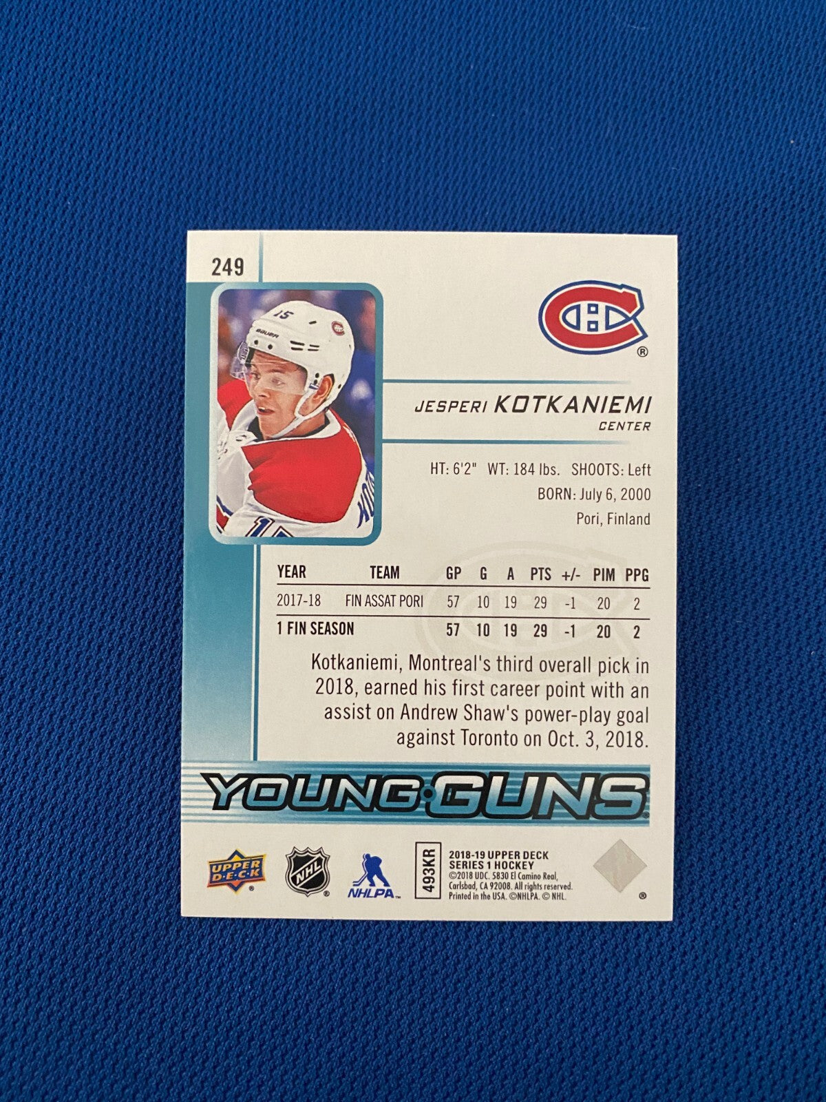 2018-19 UPPER DECK JESPERI KOTKANIEMI CANADIENS YOUNG GUNS RC ROOKIE CARD #249