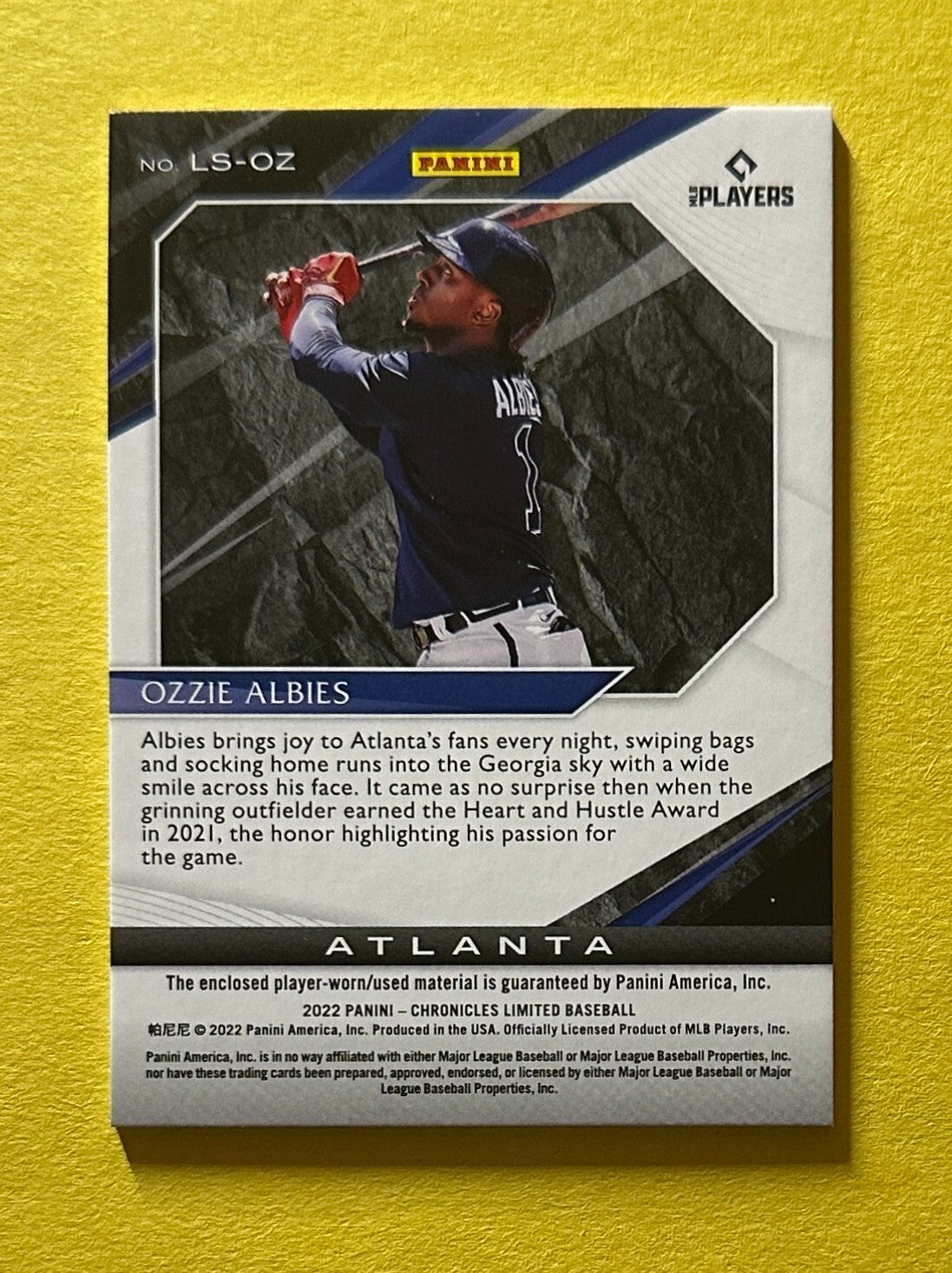 2022 PANINI CHRONICLES OZZIE ALBIES LIMITED RELIC #LS-OZ ATLANTA