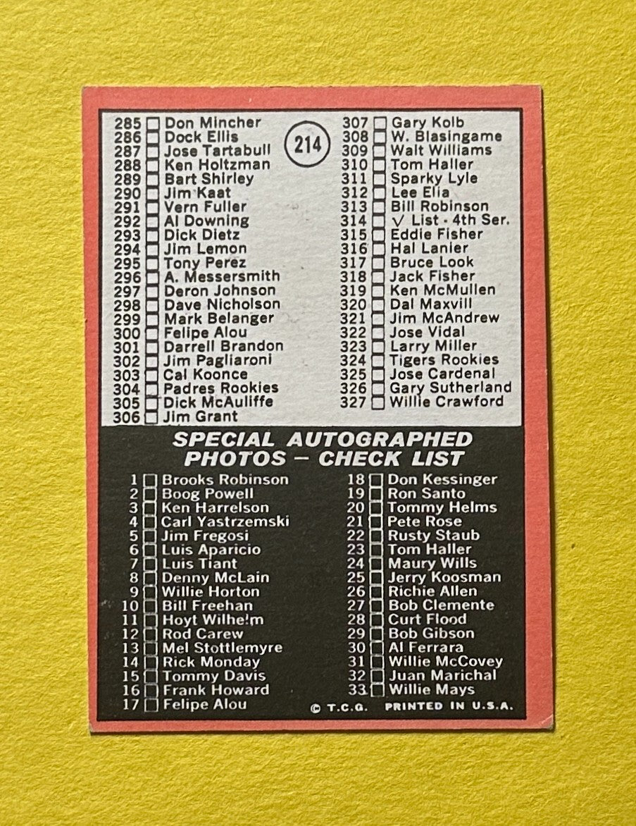 1969 TOPPS CHECK LIST 3RD SERIES #214