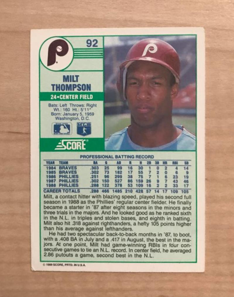 MILT THOMPSON PHILADELPHIA PHILLIES SIGNED AUTOGRAPHED 1989 SCORE CARD #92 W/COA
