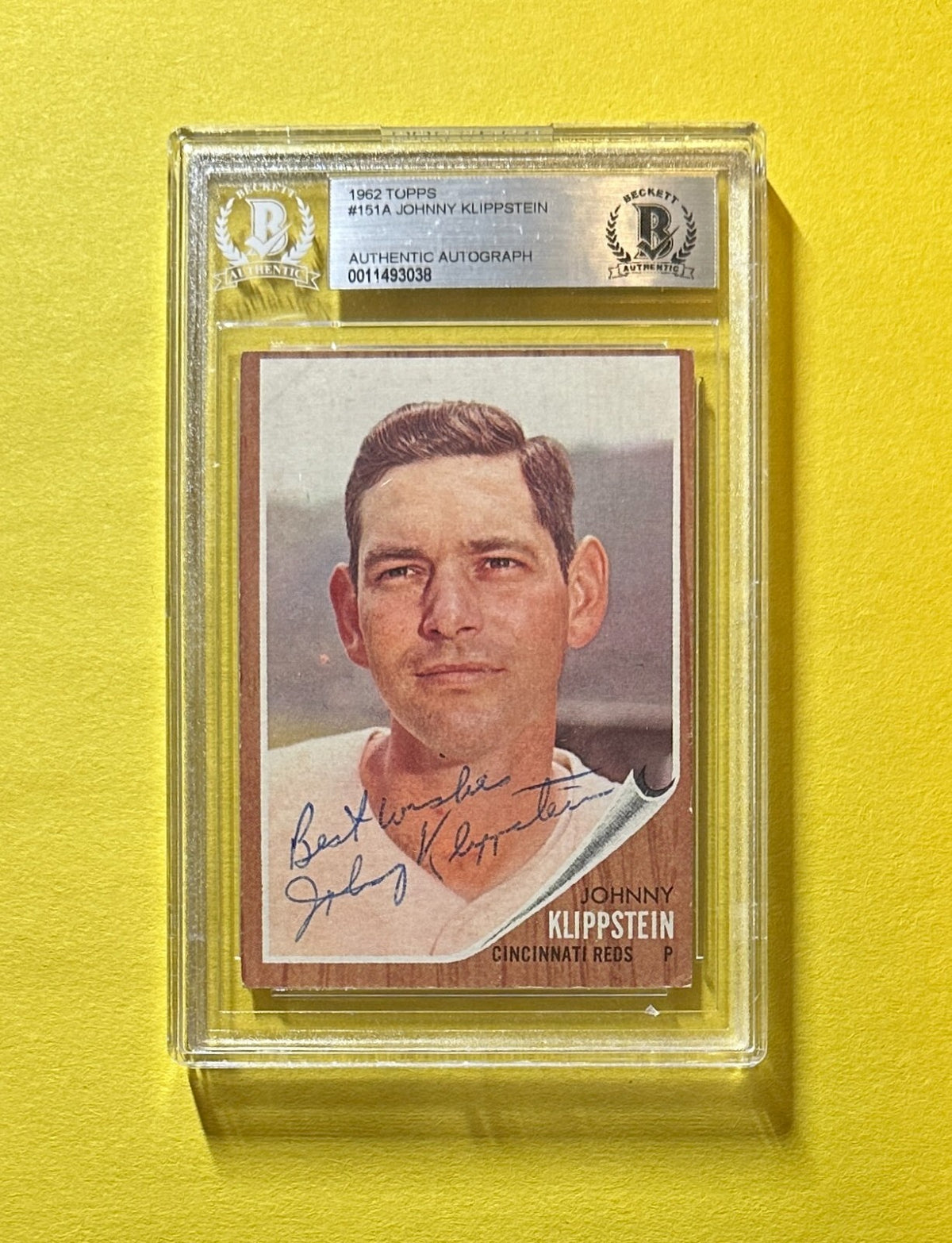 1962 TOPPS JOHNNY KLIPPSTEIN #151A AUTHENTIC AUTO BECKETT CERTIFIED REDS