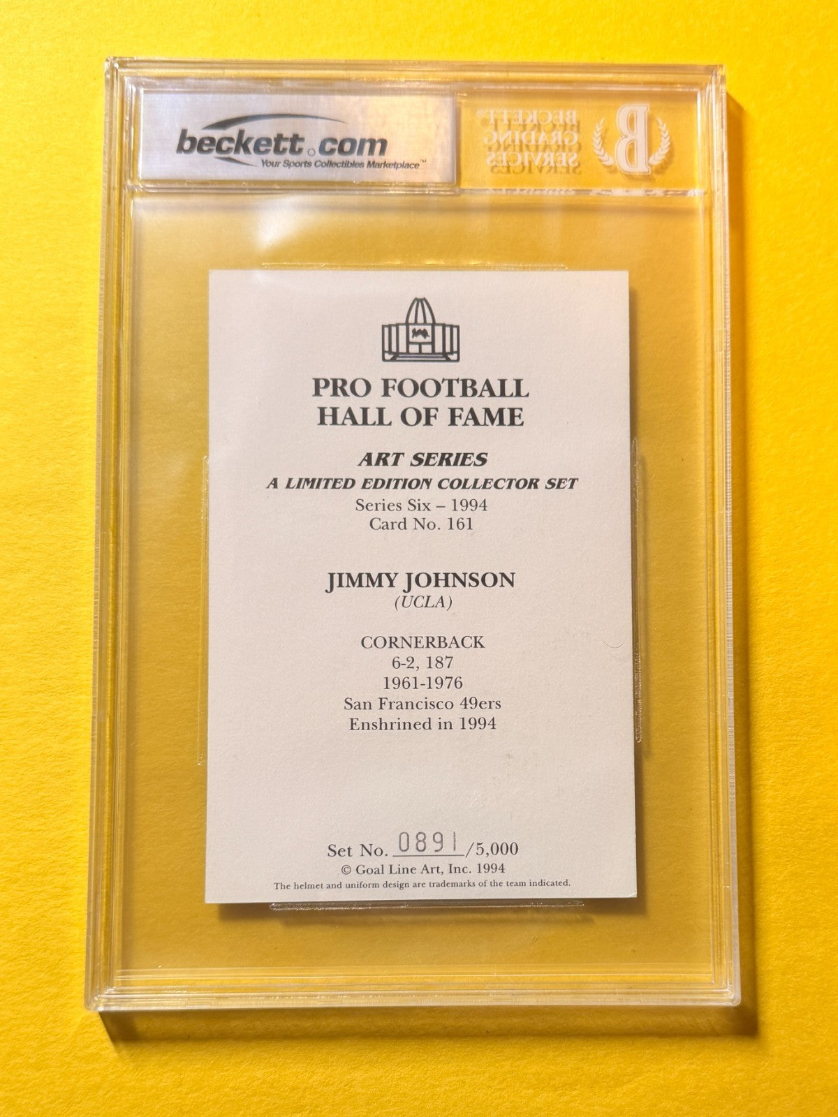 1989 GOAL LINE HOF JIMMY JOHNSON #161 SIGNED ART BECKETT AUTHENTIC 10 "HOF 94"