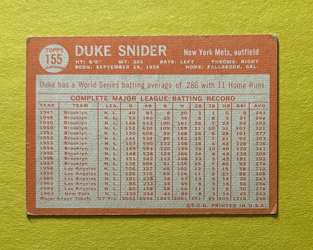 1964 TOPPS DUKE SNIDER #155 METS HOF