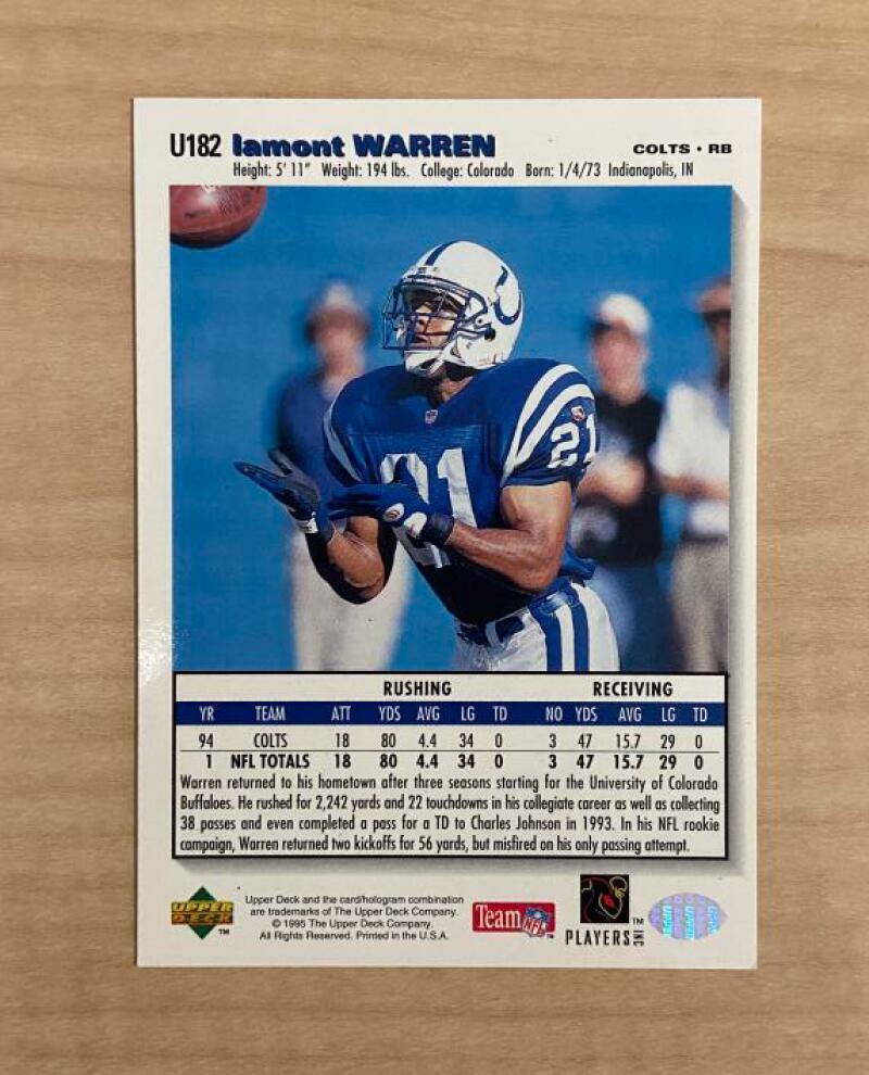 LAMONT WARREN INDIANAPOLIS COLTS SIGNED 1995 UPPER DECK CARD #U182 W/COA