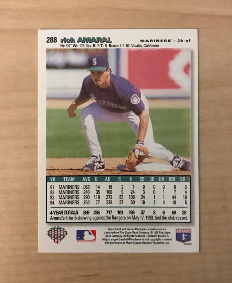 RICH AMARAL SEATTLE MARINERS SIGNED AUTOGRAPHED 1995 UPPER DECK CARD #288 W/COA
