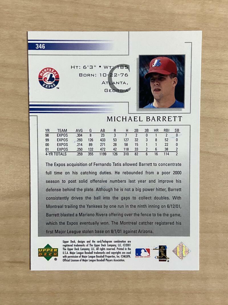 MICHAEL BARRETT MONTREAL EXPOS SIGNED AUTOGRAPHED 2002 UPPER DECK CARD#346 W/COA