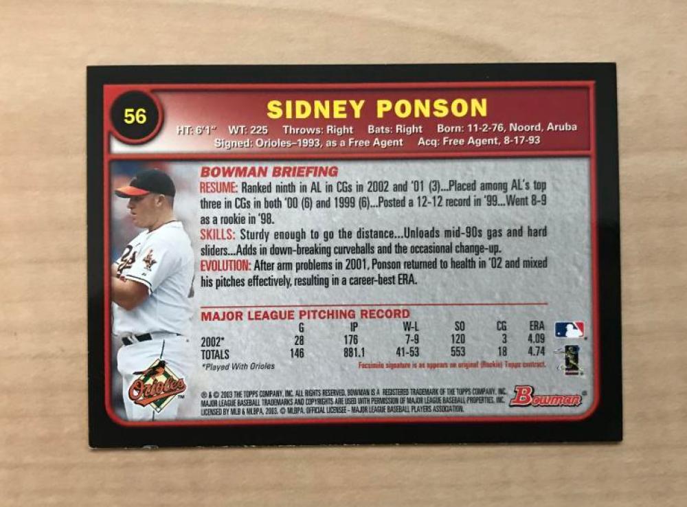 SIDNEY PONSON BALTIMORE ORIOLES SIGNED AUTOGRAPHED 2003 BOWMAN CARD #56 W/COA 