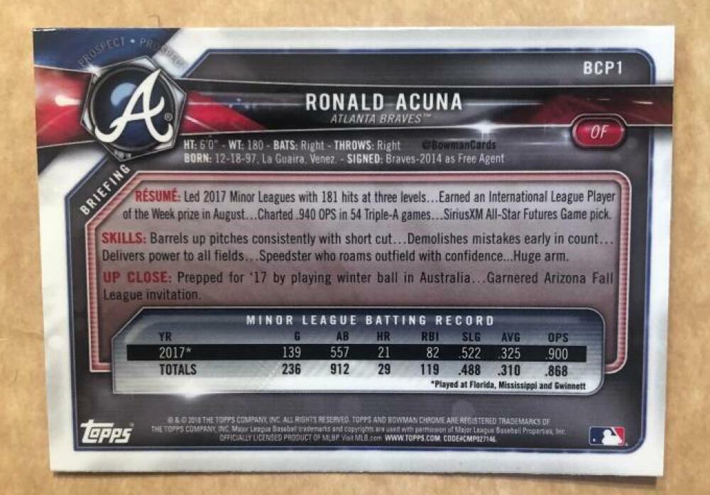 2018 BOWMAN CHROME RONALD ACUNA BRAVES BCP1