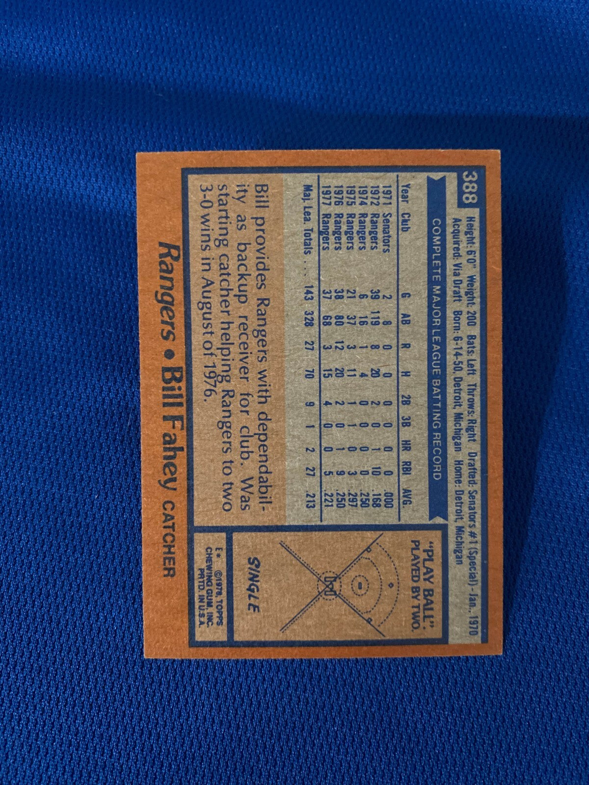 1978 TOPPS BILL FAHEY TEXAS RANGERS AUTOGRAPHED SIGNED CARD #388 W/COA
