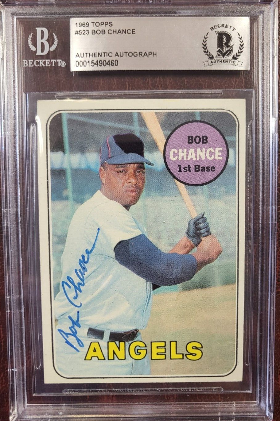 1969 TOPPS BOB CHANCE ANGELS SIGNED AUTOGRAPH #523 BASEBALL CARD BECKETT AUTH
