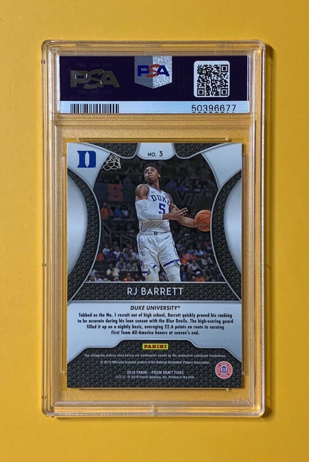 2019 PANINI PRIZM DRAFT PICKS RJ BARRETT ROOKIE BASE #3 KNICKS DUKE MINT PSA 9 