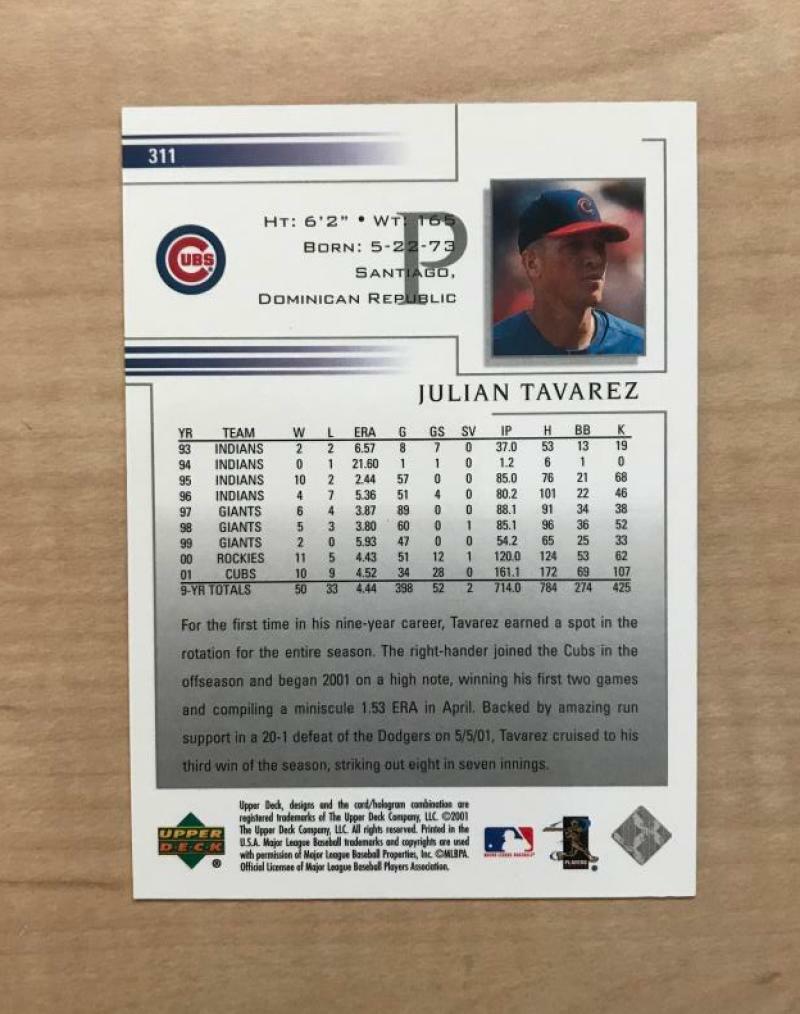 JULIAN TAVAREZ CHICAGO CUBS SIGNED AUTOGRAPHED 2002 UPPER DECK CARD #311 W/COA 