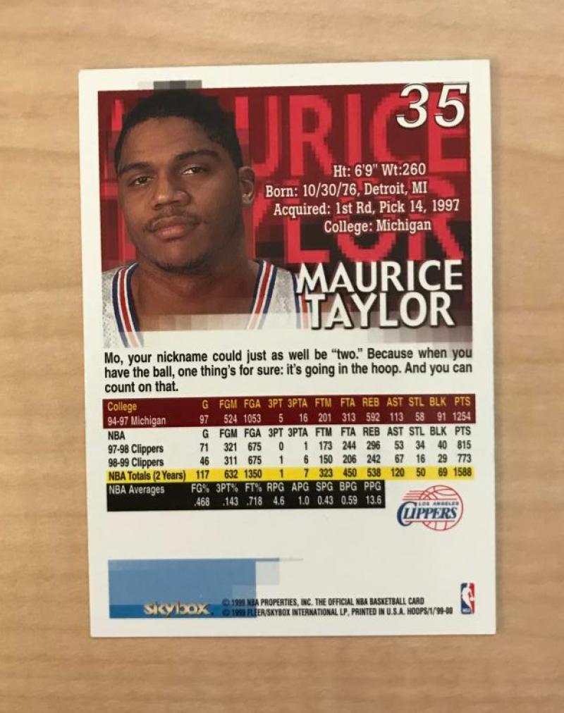 MAURICE TAYLOR LOS ANGELES CLIPPERS AUTOGRAPHED 1999 NBA HOOPS CARD #35 W/COA 