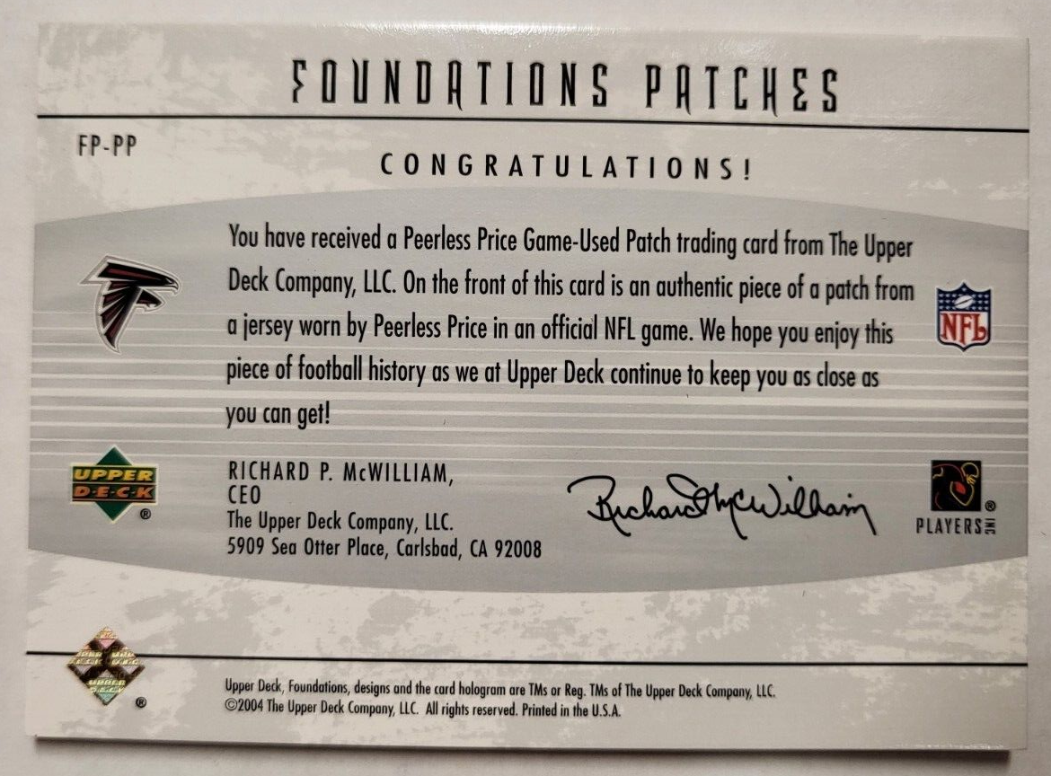2004 UPPER DECK PEERLESS PRICE FALCONS 4 COLOR JERSEY FOUNDATIONS PATCH CARD /60