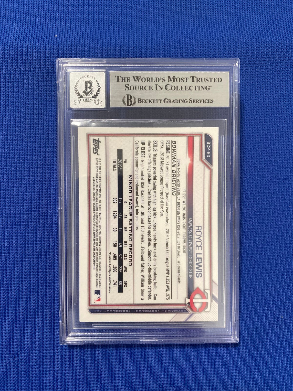 2021 BOWMAN CHROME PROSPECTS ROYCE LEWIS TWINS SIGNED AUTO #63 BECKETT 10 AUTO