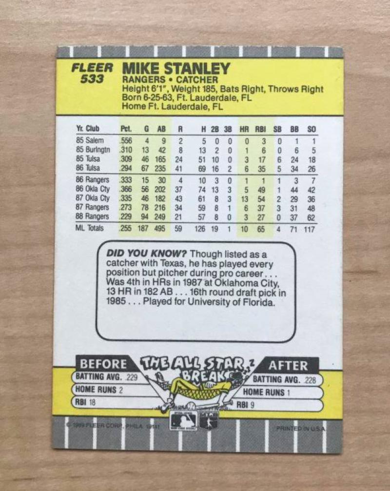 MIKE STANLEY TEXAS RANGERS SIGNED AUTOGRAPHED 1989 FLEER CARD #533 W/COA